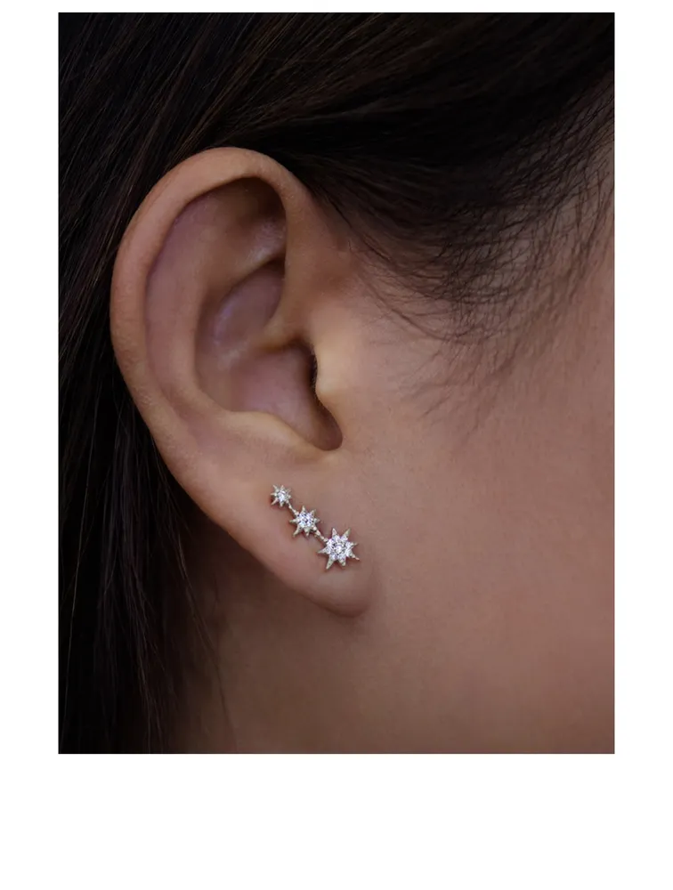 Aztec Sterling Silver North Star Trio Stud Earrings With White Sapphire