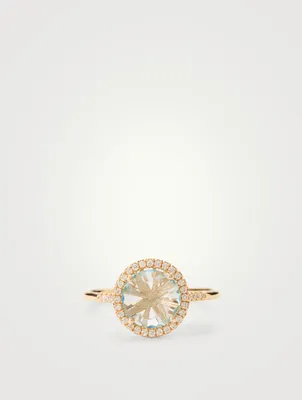 Small 14K Gold Round Soleil Ring With Blue Topaz And Diamonds
