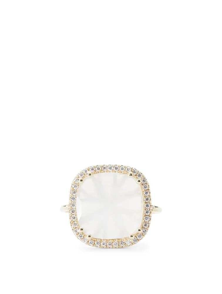 Large 14K Gold Cushion Soleil Ring With White Moonstone And Diamonds