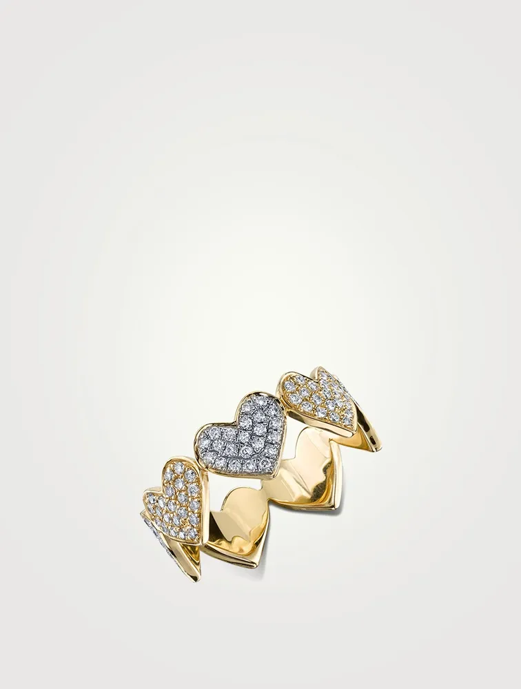 Large 14K Gold Heart Eternity Ring With Diamonds