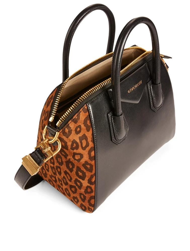 Small Antigona Leather And Suede Bag With Leopard Print