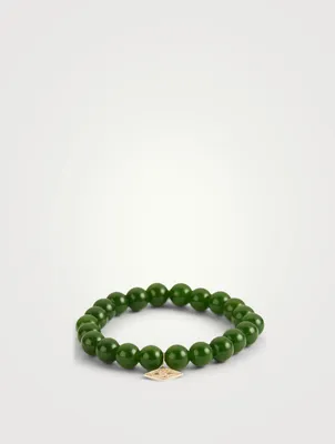Beaded Jade Bracelet With 14K Gold Mini Diamond Evil Eye Charm