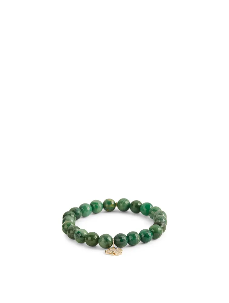 Beaded Verdite Bracelet With 14K Gold Mini Diamond Clover Charm
