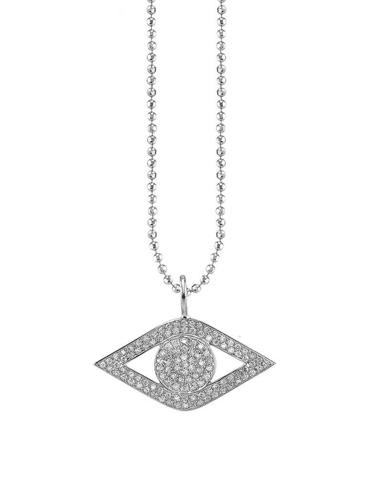 Large 14K White Gold Evil Eye Charm Necklace With Diamonds