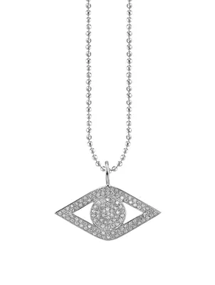 Large 14K White Gold Evil Eye Charm Necklace With Diamonds