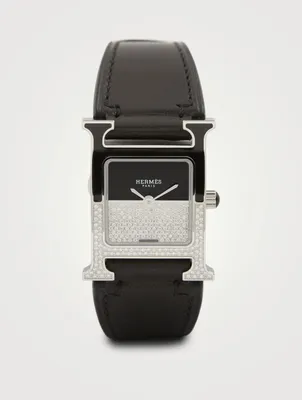 Heure H PM Leather Strap Watch With Diamonds