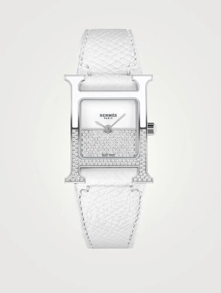 Heure H PM Leather Strap Watch With Diamonds