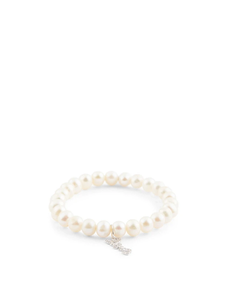 Beaded Pearl Bracelet With 14K White Gold Mini Diamond "Love" Charm