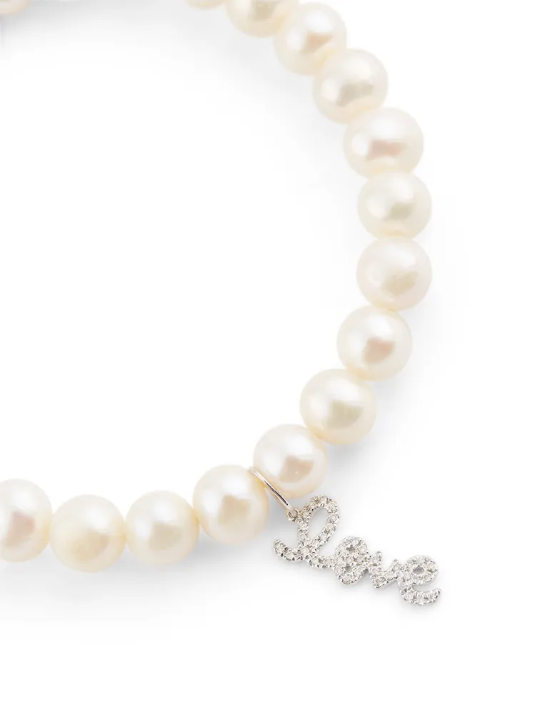 Beaded Pearl Bracelet With 14K White Gold Mini Diamond "Love" Charm