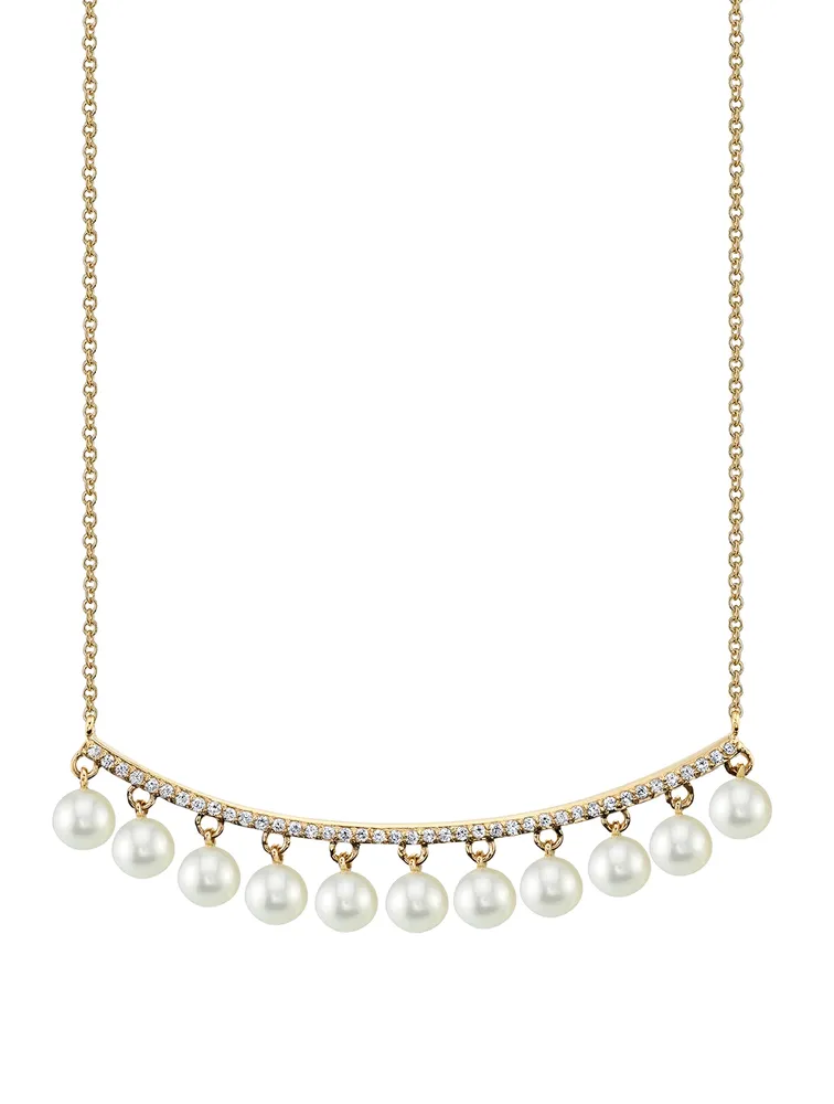 14K Gold Bar Necklace With Pearls And Diamonds