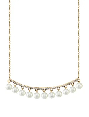 14K Gold Bar Necklace With Pearls And Diamonds