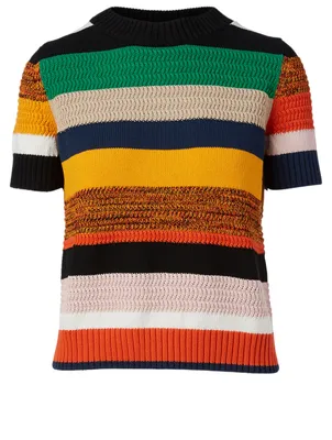 Cotton Short-Sleeve Sweater Stripe Print