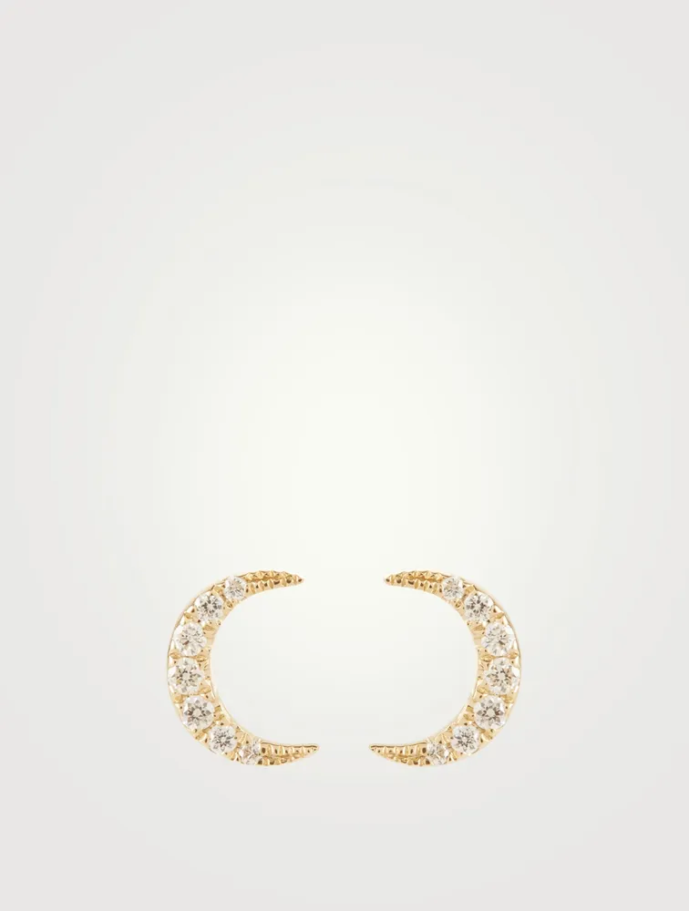 14K Gold Moon Stud Earrings With Diamonds