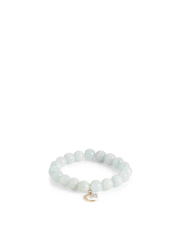 Aquamarine Beaded Bracelet With 14K Gold Diamond Moon And Star Charm
