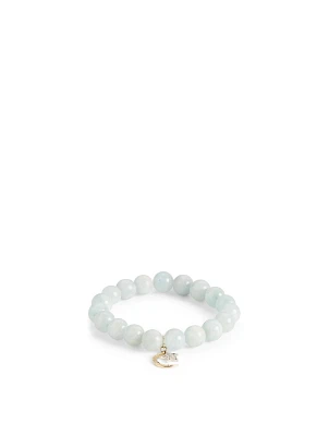 Aquamarine Beaded Bracelet With 14K Gold Diamond Moon And Star Charm