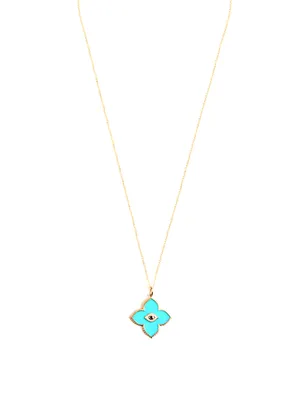 14K Gold Bezel Evil Eye Moroccan Pendant Necklace With Diamonds