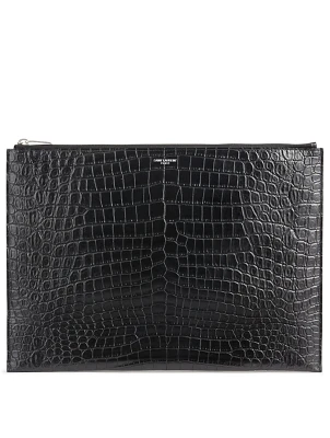 Croc-Embossed Leather Pouch