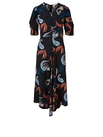 Puff-Shoulder Midi Dress Paisley Print