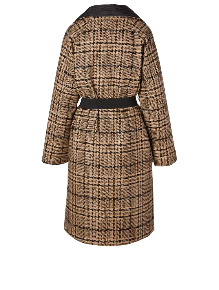 Wool-Blend Wrap Coat Check Print