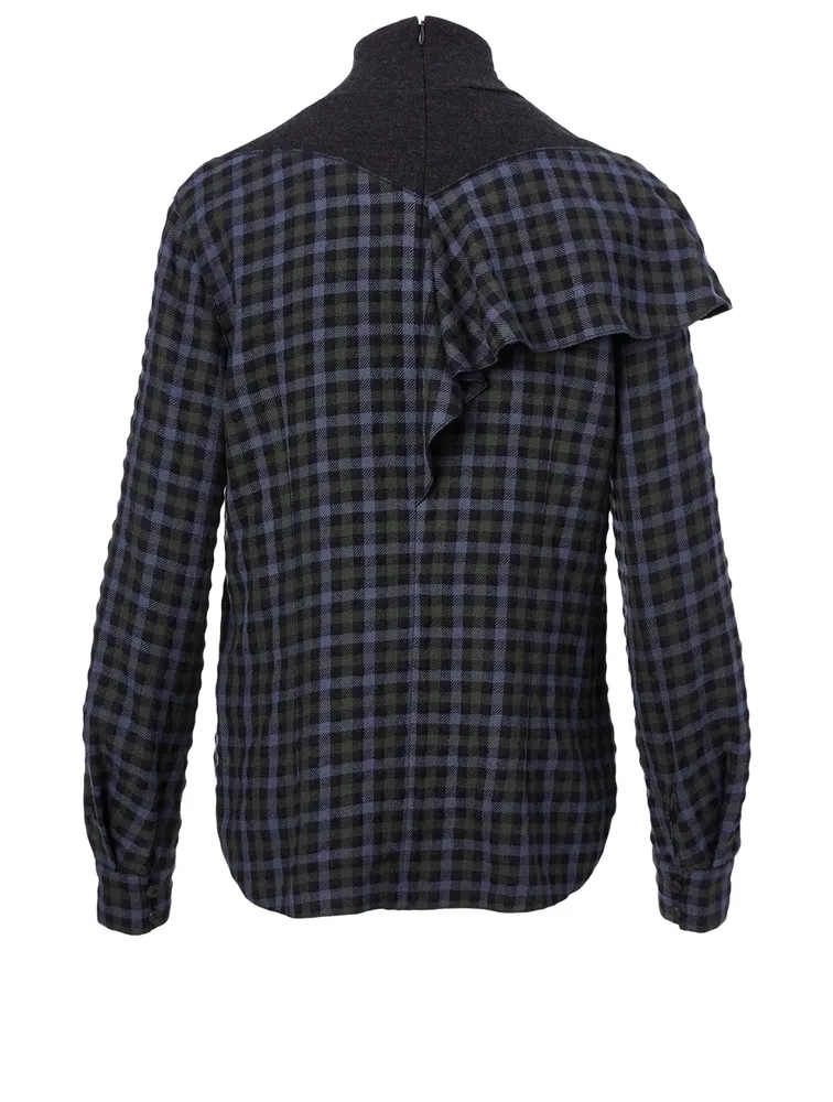 Wool-Blend Ruffle Top Check Print
