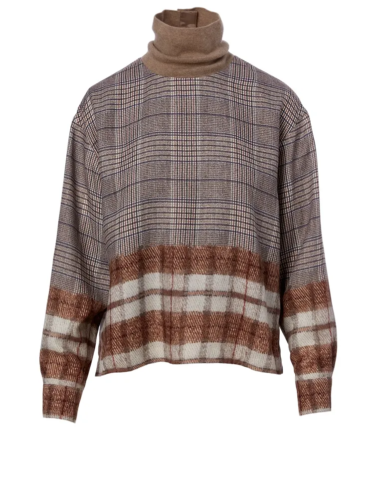 Turtleneck Blouse Mixed Check Print