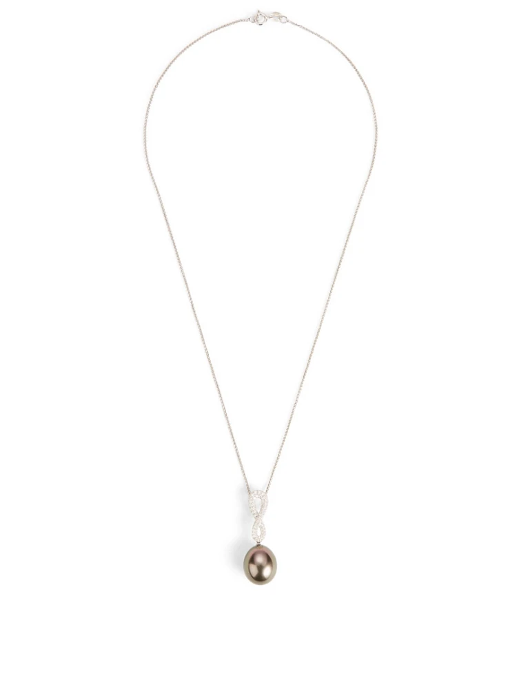 18K White Gold Black Pearl Pendant Necklace With Diamonds