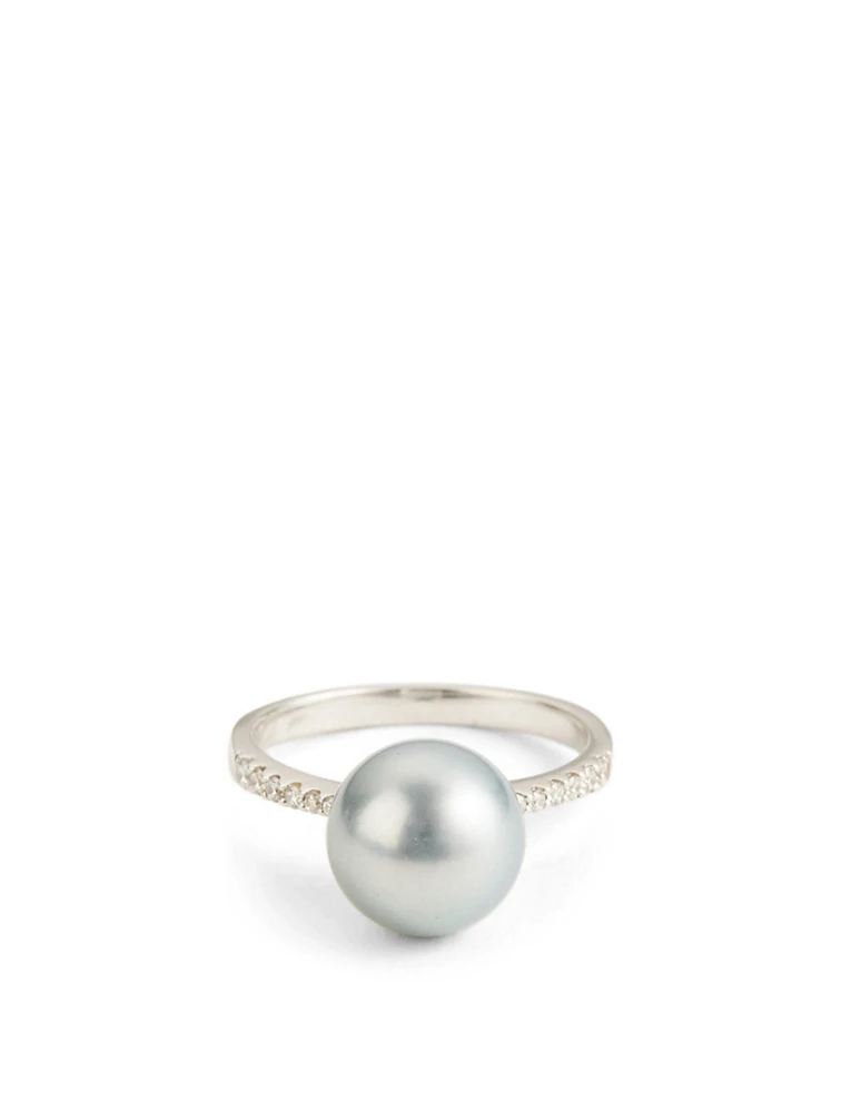 18K White Gold Grey Pearl Ring With Diamonds