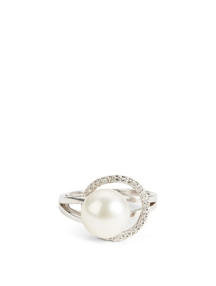 18K White Gold Pearl Ring With Diamonds
