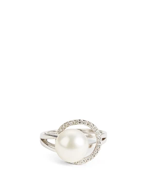 18K White Gold Pearl Ring With Diamonds