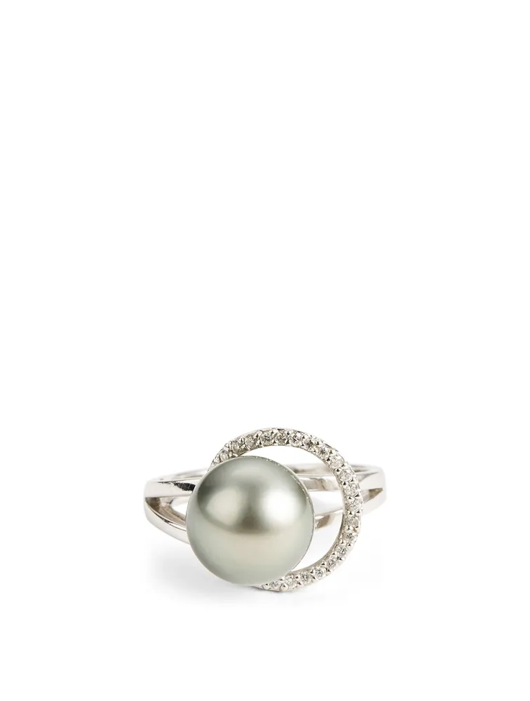 18K White Gold Black Pearl Ring With Diamonds