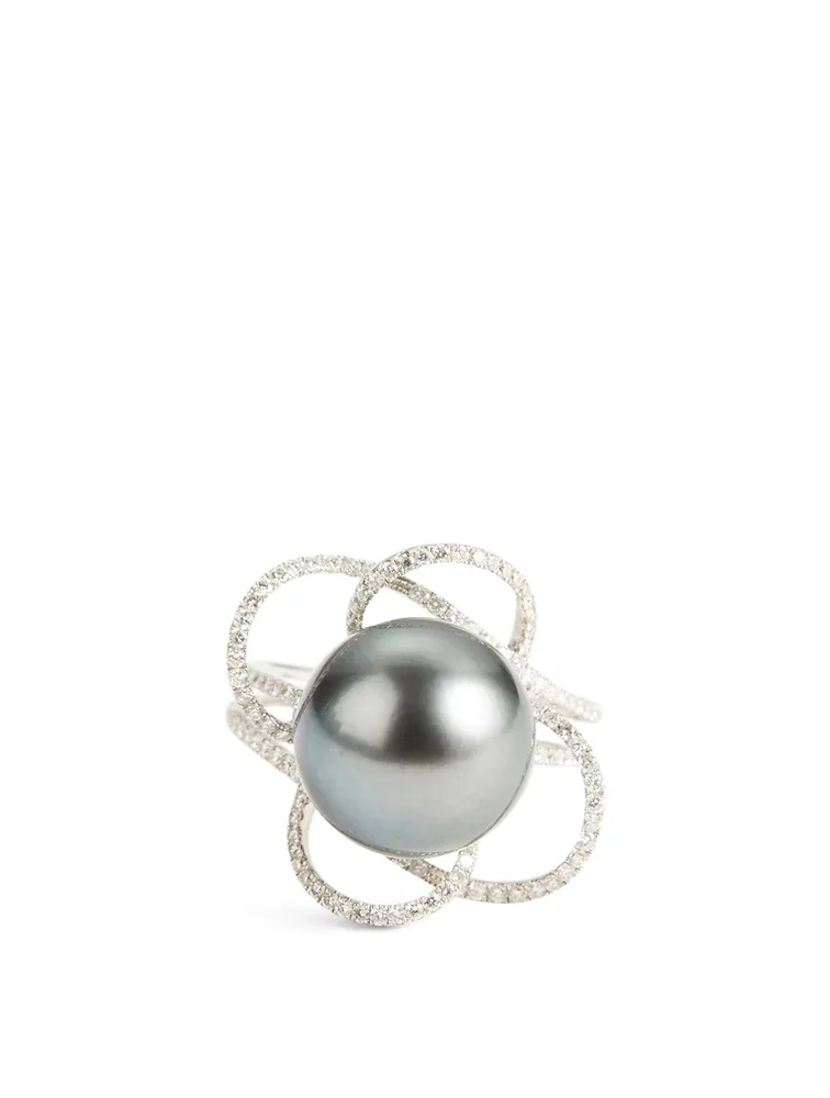 18K White Gold Black Pearl And Diamond Ring
