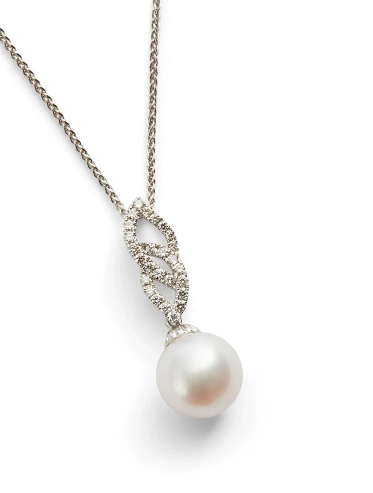 18K White Gold Pearl Pendant Necklace With Diamonds