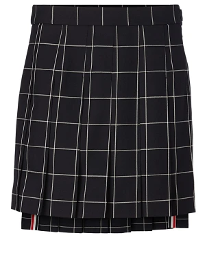 Wool Pleated Skirt Windowpane Print