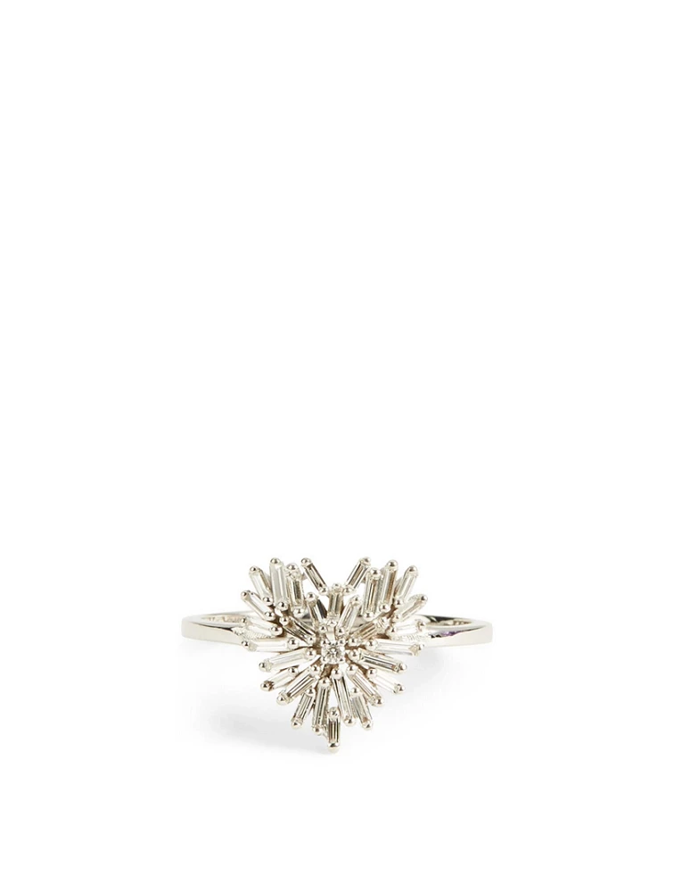 Small Fireworks 18K White Gold Heart Ring With Diamonds