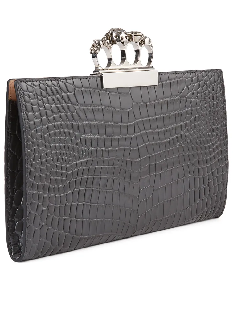 Croc-Embossed Leather Four-Ring Clutch Bag