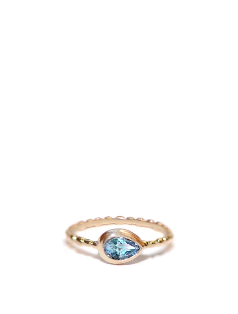 Dew Drop 14K Gold Pear Stackable Ring With Swiss Blue Topaz