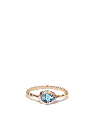 Dew Drop 14K Gold Pear Stackable Ring With Swiss Blue Topaz