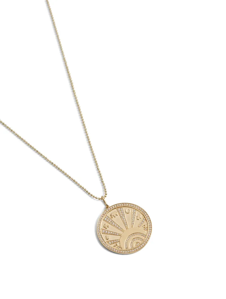 14K Gold Evil Eye Luck Coin Pave Rays Charm Necklace With Diamonds