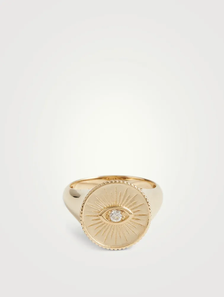 14K Gold Marquis Eye Coin Signet Ring With Diamonds