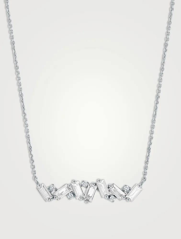 Amalfi 14K White Gold White Topaz Baguette Bar Necklace With Diamonds