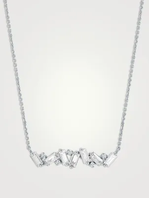 Amalfi 14K White Gold White Topaz Baguette Bar Necklace With Diamonds