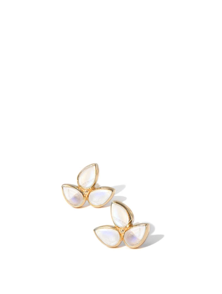 Bouquet 14K Gold Fleur de Lis Stud Earrings With Rainbow Moonstone