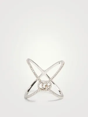 GG Running 18K White Gold X Ring With Diamonds