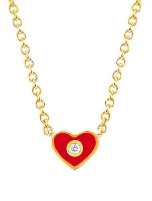 14K Gold Enamel Heart Necklace With Diamond