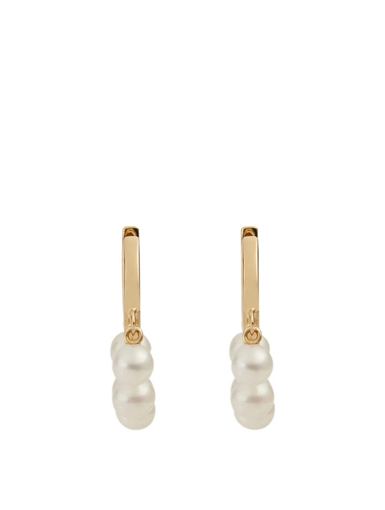 14K Gold Pearl Drop Huggie Hoop Earrings
