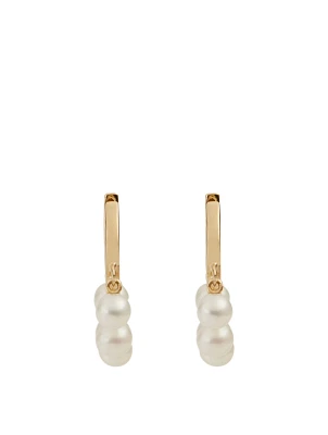 14K Gold Pearl Drop Huggie Hoop Earrings