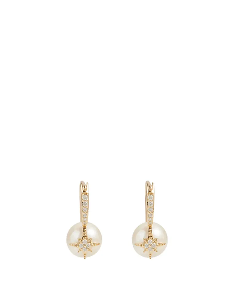 14K Gold Starburst Pearl Earrings With Diamonds
