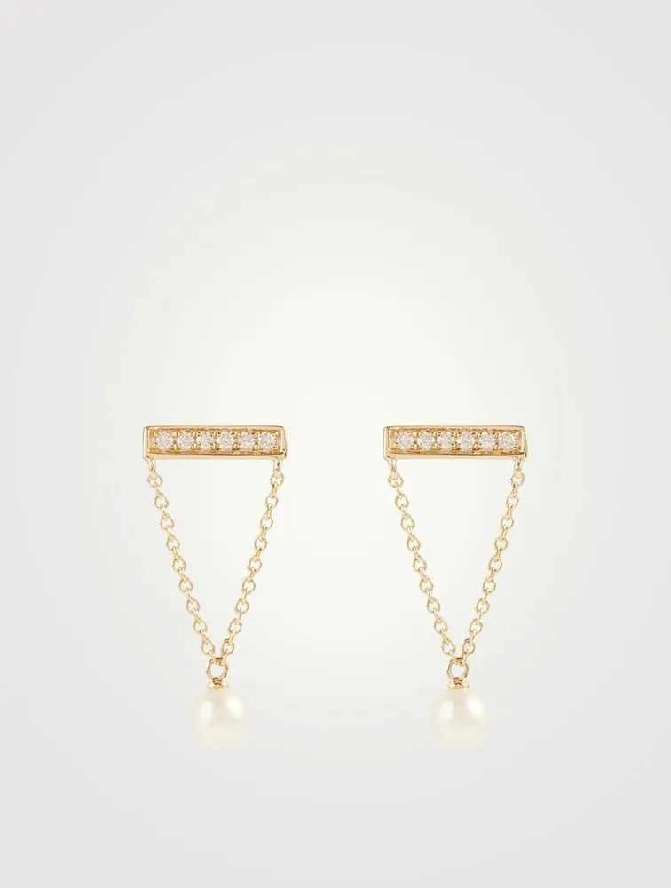 14K Gold Bar Stud Earrings With Pearls And Diamonds