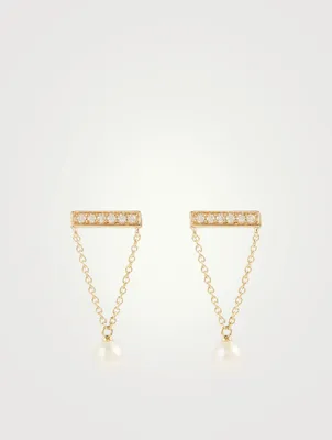 14K Gold Bar Stud Earrings With Pearls And Diamonds