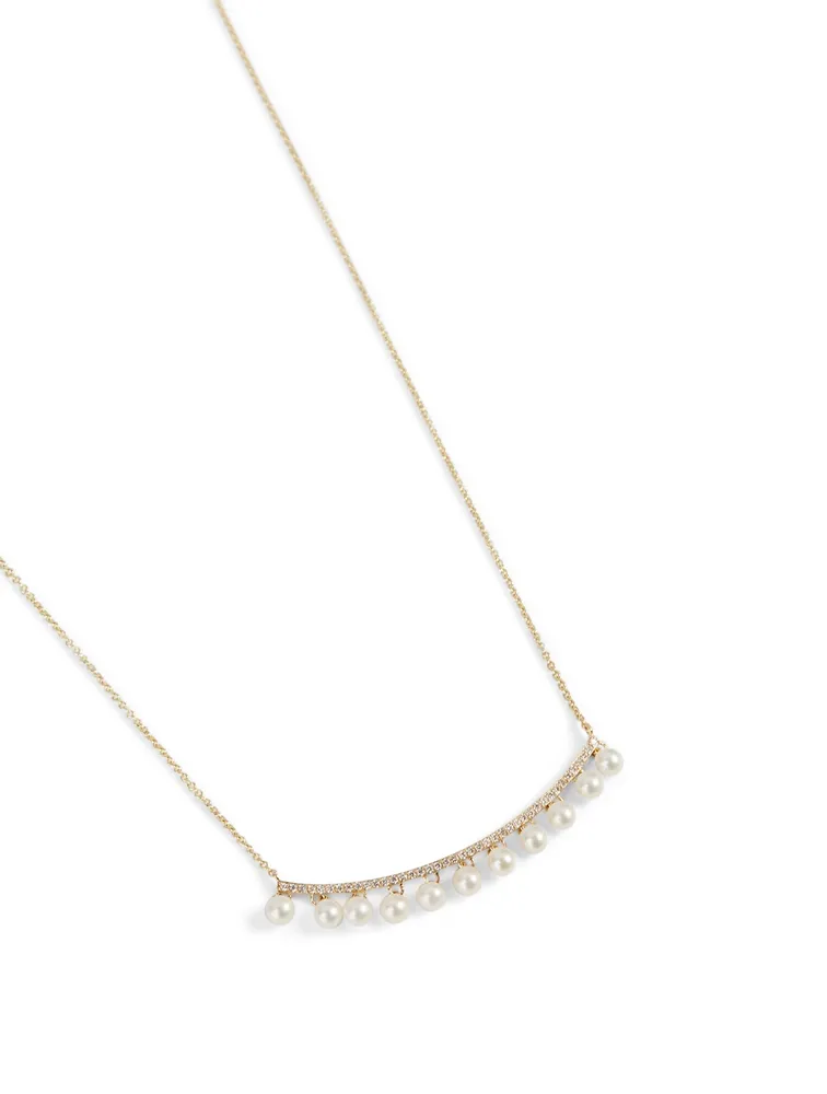 14K Gold Drop Bar Necklace With Diamonds And Pearls